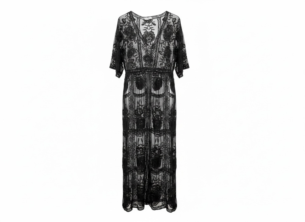 Women's Floral Embroidered Black Lace Maxi Shear Cover-Up Dress Boho Festival